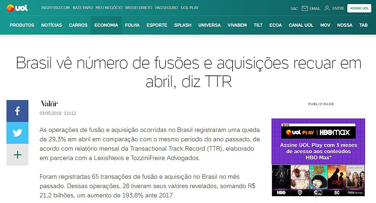 Brasil v nmero de fuses e aquisies recuar em abril, diz TTR